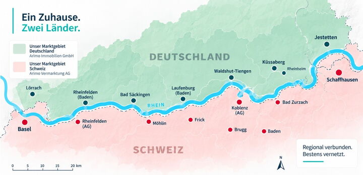 Marktgebiet: Arimo Immobilien GmbH in Deutschland und Arimo Vermarktung AG in der Schweiz entlang des Rheins